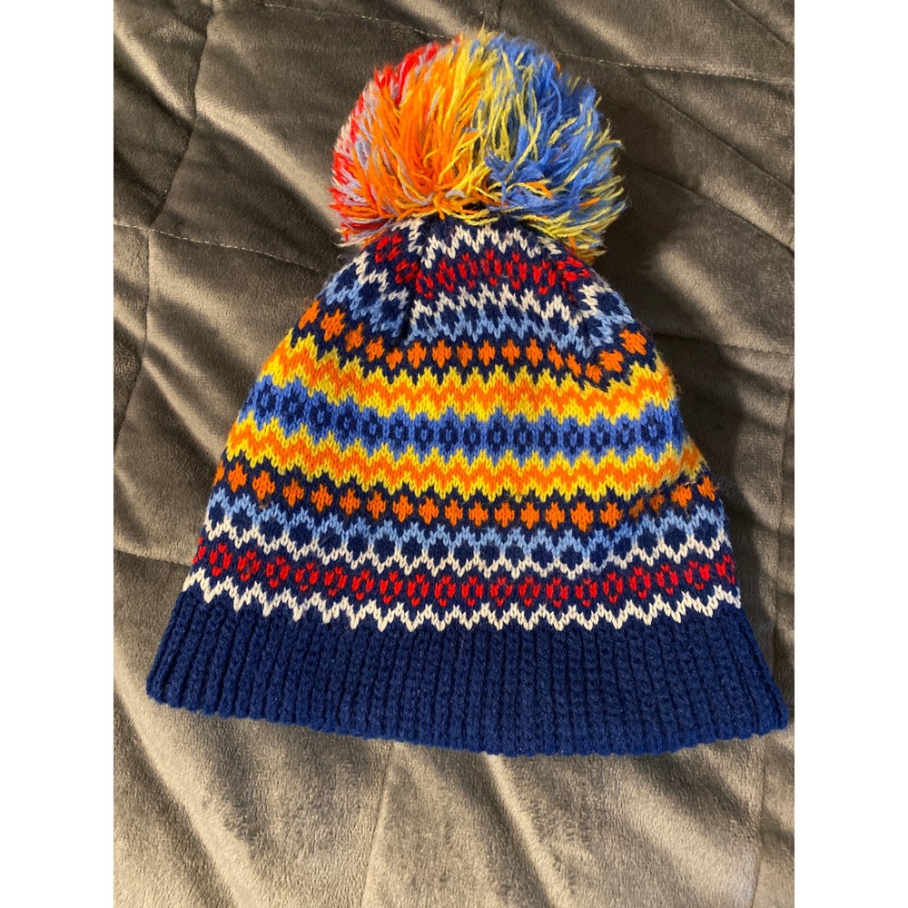 Vintage Wigwam Mills Fair Isle Knit Pom Beanie Blue Orange Acrylic USA Made
0655